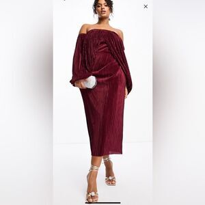 ASOS Design Plisse Overlay Midi Dress with Open Back Detail in Brown